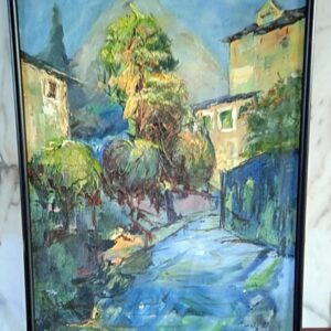 Pintura de paisaje de árbol y casas