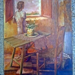 Pintura al óleo de Rafael Mocholí muchacha en habitación